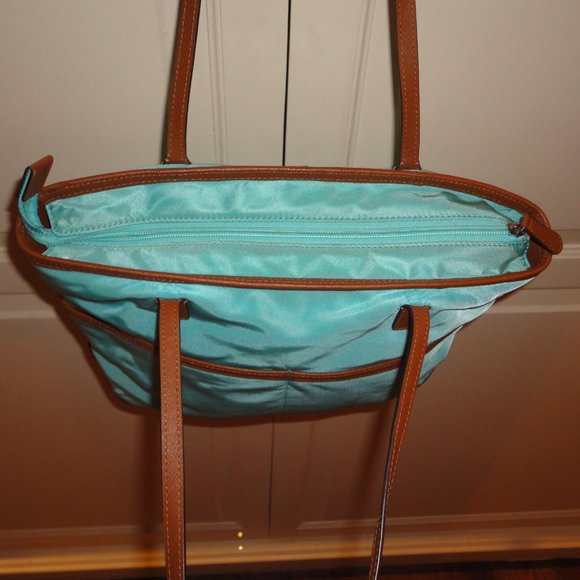 MICHAEL KORS Turquoise Canvas & Leather Shoulder Purse Handbag - Picture 4 of 8